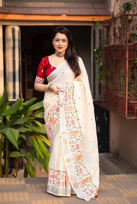 soft linen saree with silver woven pattu border - Swaraas