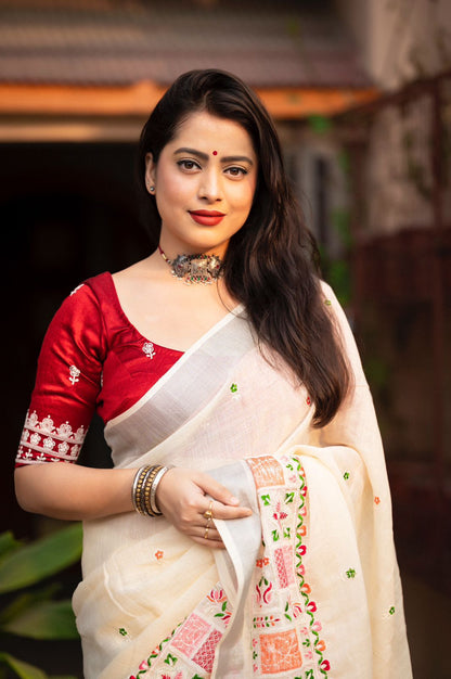 soft linen saree with silver woven pattu border - Swaraas