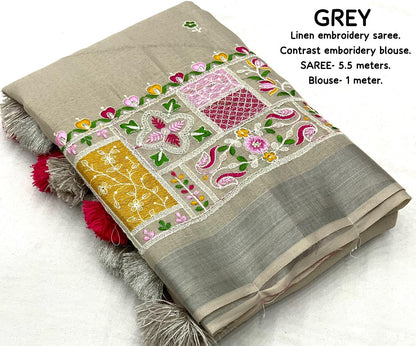 soft linen saree with silver woven pattu border - Swaraas