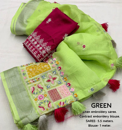 soft linen saree with silver woven pattu border - Swaraas