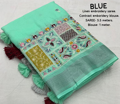 soft linen saree with silver woven pattu border - Swaraas