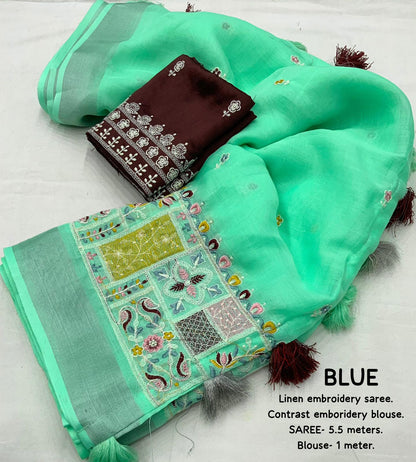 soft linen saree with silver woven pattu border - Swaraas
