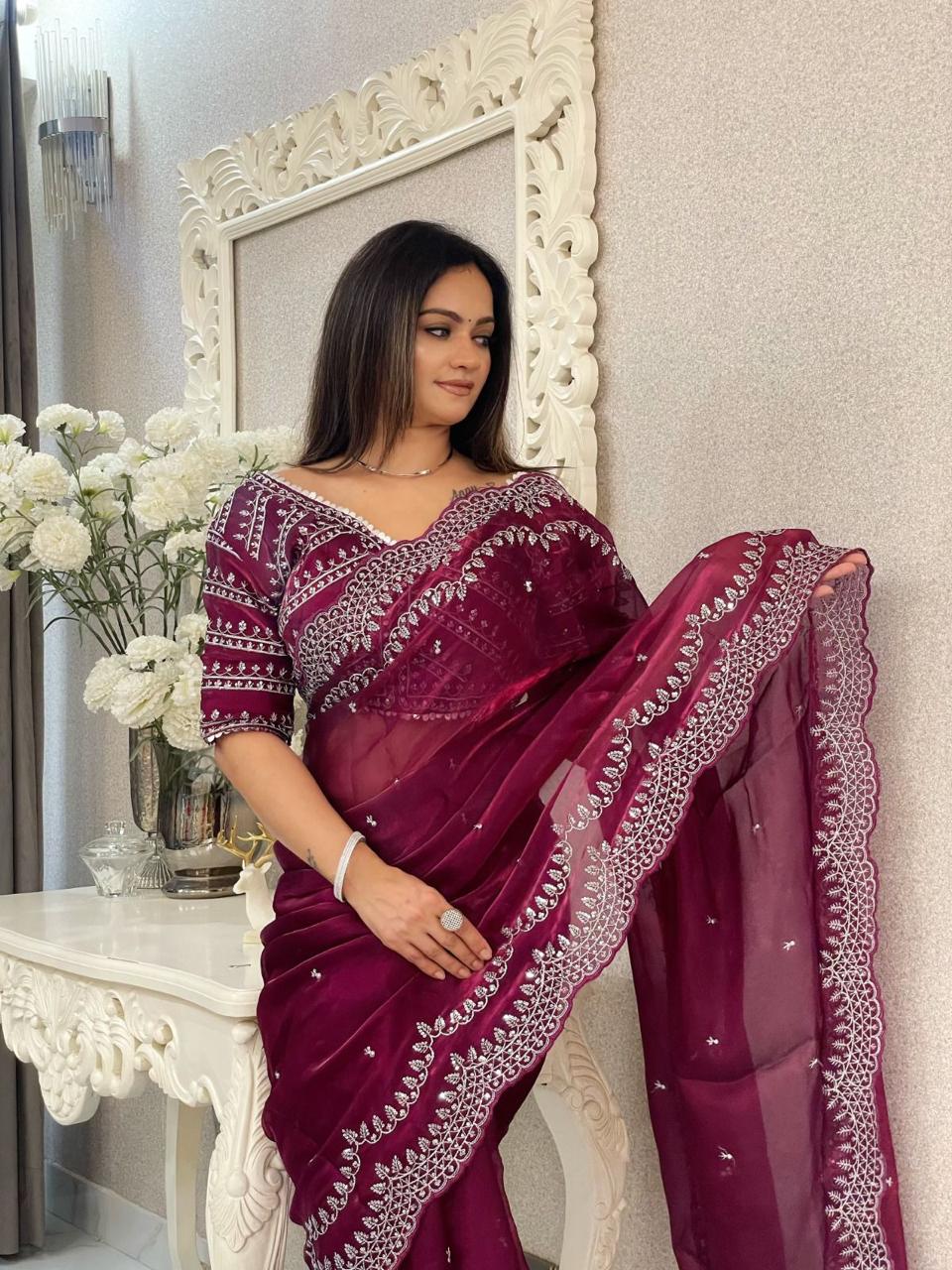 jimmy choo saree with dual color sequence and thread work