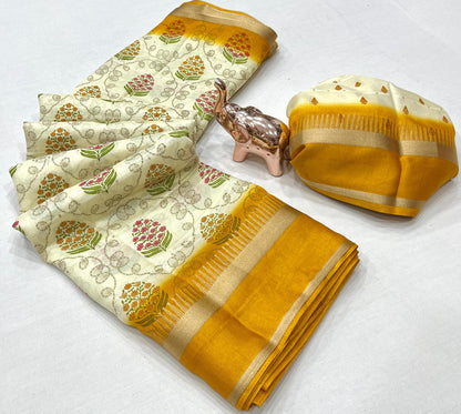 Fancy Soft Cotton Blend Saree with Batik Print, Multi-Sequins Work & Kalamkari Pallu – With Printed Blouse