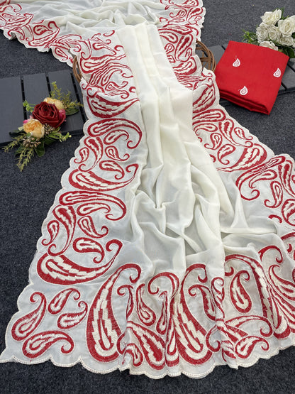 Pure Vichitra Silk Saree with Multi-Thread Embroidery & Cut Work | Mono Silk Embroidered Blouse | 5.5 Meters