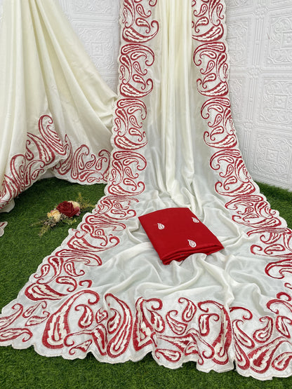 Pure Vichitra Silk Saree with Multi-Thread Embroidery & Cut Work | Mono Silk Embroidered Blouse | 5.5 Meters