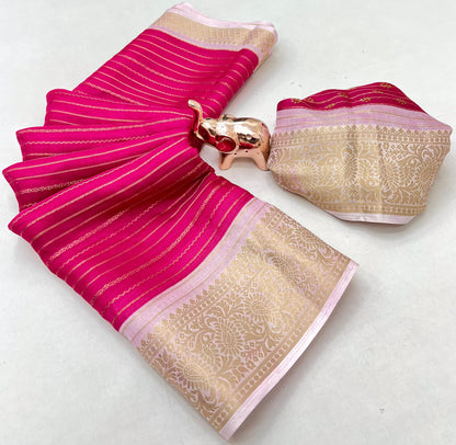 Premium Georgette All Over Weaving Saree with Rich Jacquard Border & Batik Print Blouse