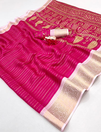 Premium Georgette All Over Weaving Saree with Rich Jacquard Border & Batik Print Blouse