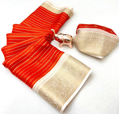 Premium Georgette All Over Weaving Saree with Rich Jacquard Border & Batik Print Blouse