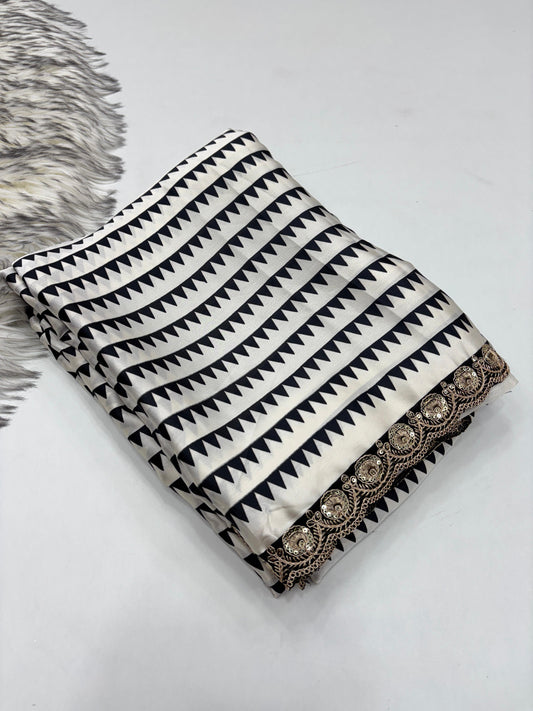 Pure Satin with Ajrak printed Sarees rich Pallu with heavy Designer Sequence Embrideory Lace