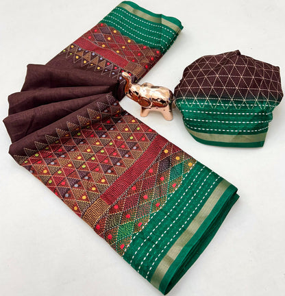 Soft Cotton Crape Printed Saree with Elegant Katha Thread Work border – 6.3 Meters