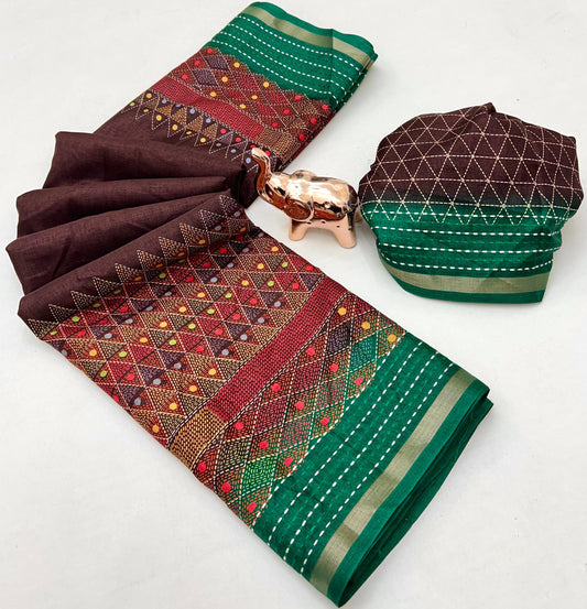 Soft Cotton Crape Printed Saree with Elegant Katha Thread Work border – 6.3 Meters