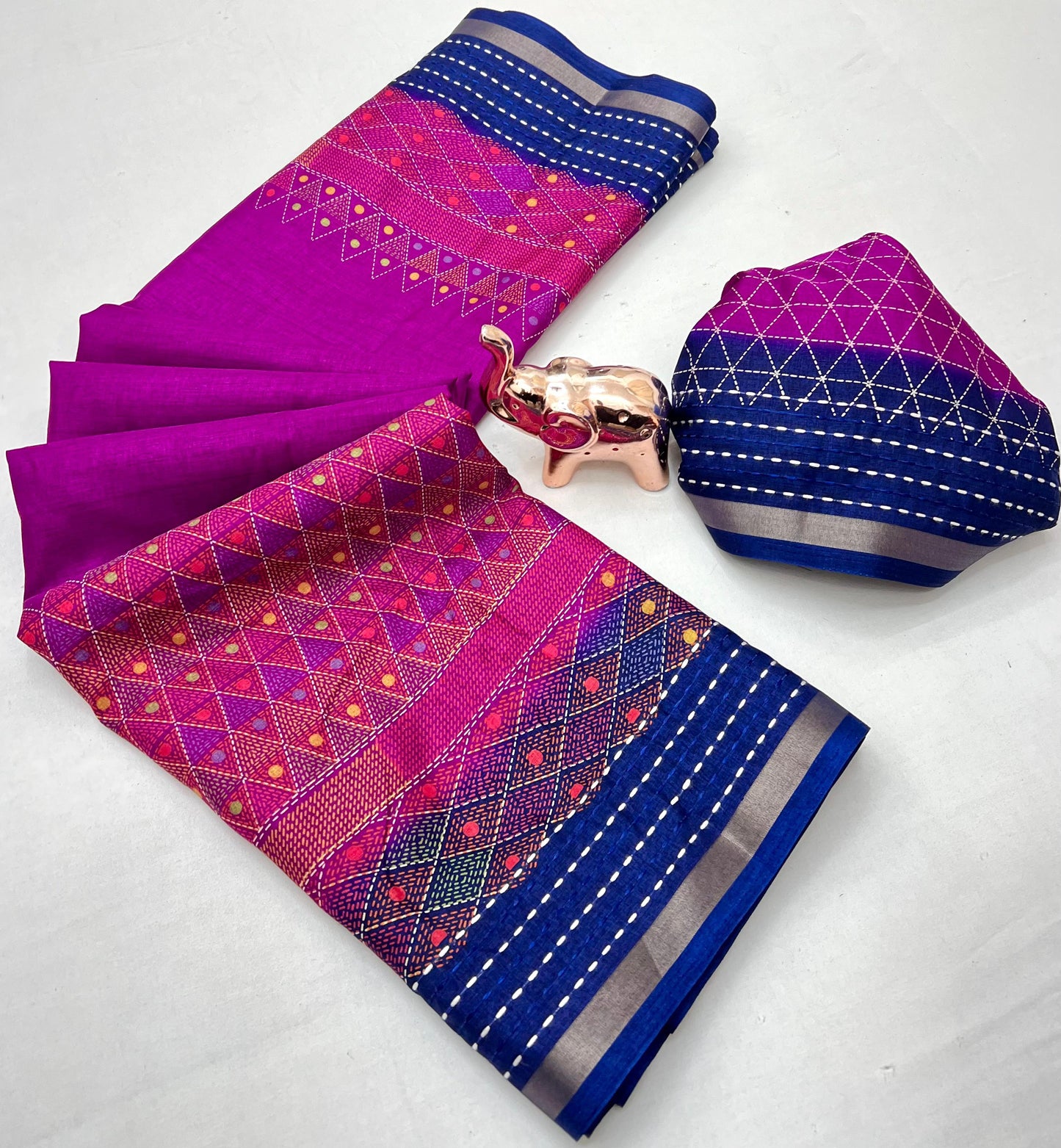 Soft Cotton Crape Printed Saree with Elegant Katha Thread Work border – 6.3 Meters