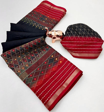 Soft Cotton Crape Printed Saree with Elegant Katha Thread Work border – 6.3 Meters