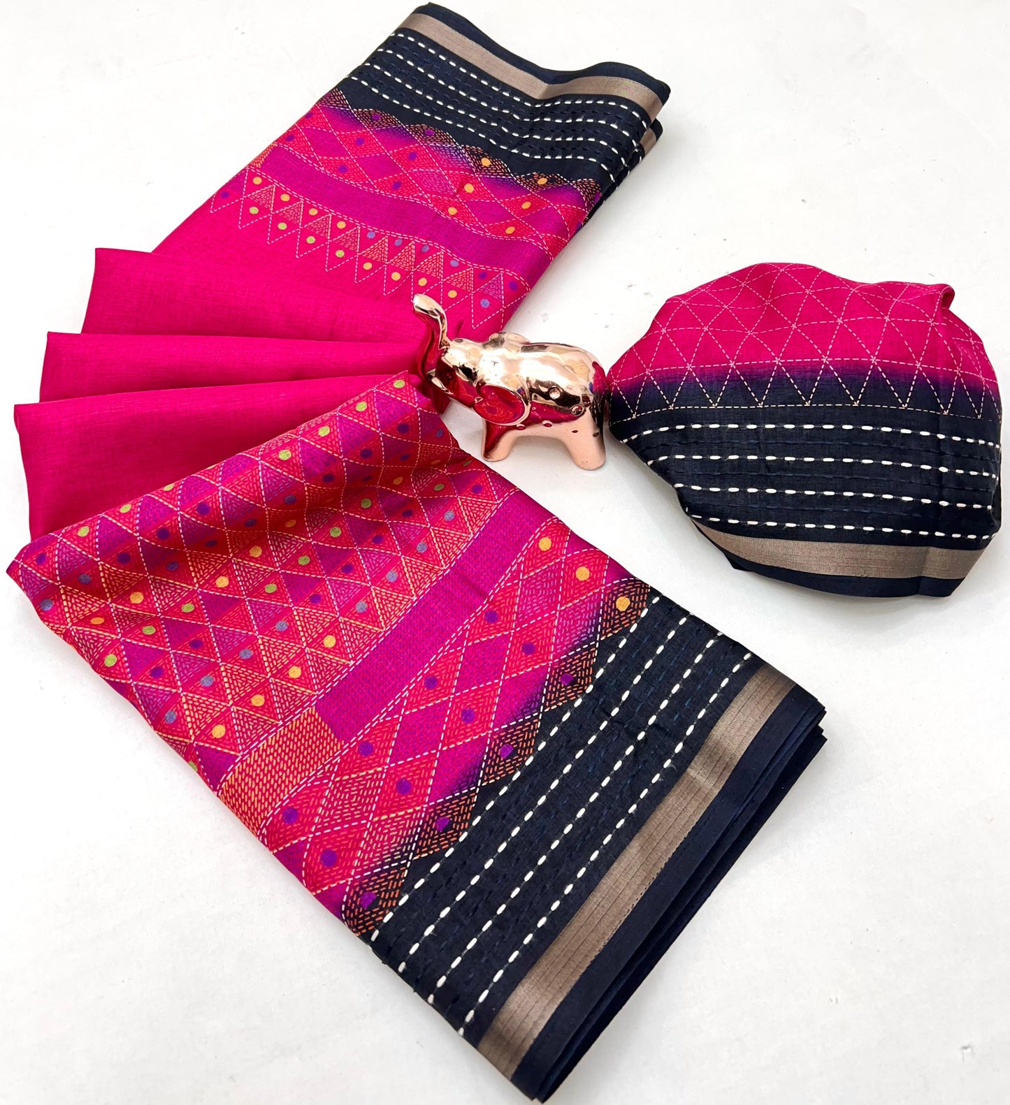 Soft Cotton Crape Printed Saree with Elegant Katha Thread Work border – 6.3 Meters