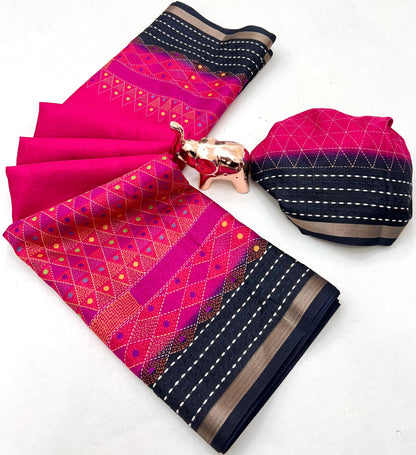 Soft Cotton Crape Printed Saree with Elegant Katha Thread Work border – 6.3 Meters