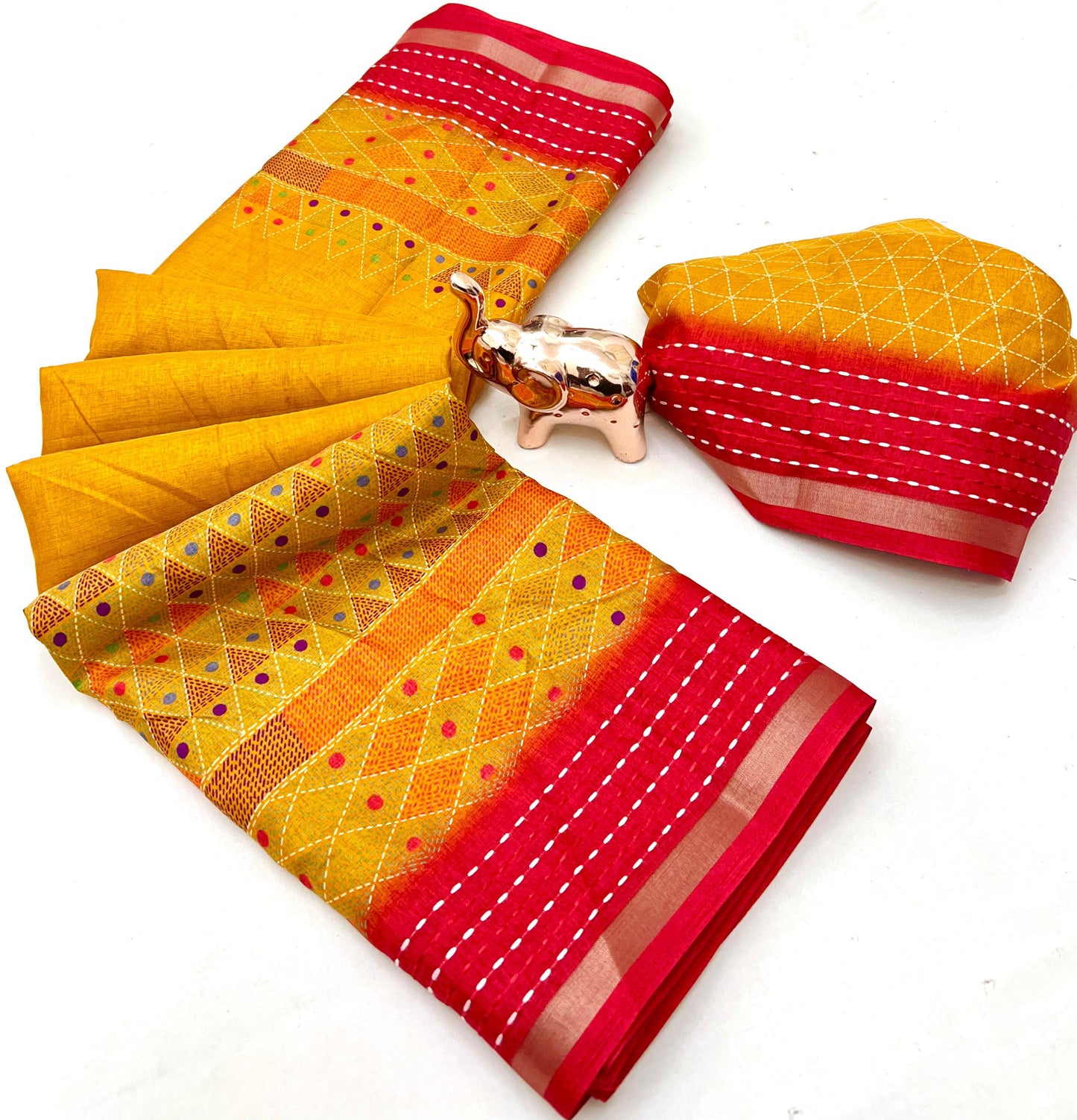 Soft Cotton Crape Printed Saree with Elegant Katha Thread Work border – 6.3 Meters