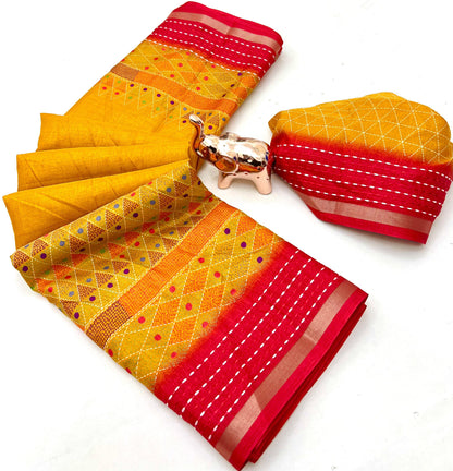 Soft Cotton Crape Printed Saree with Elegant Katha Thread Work border – 6.3 Meters