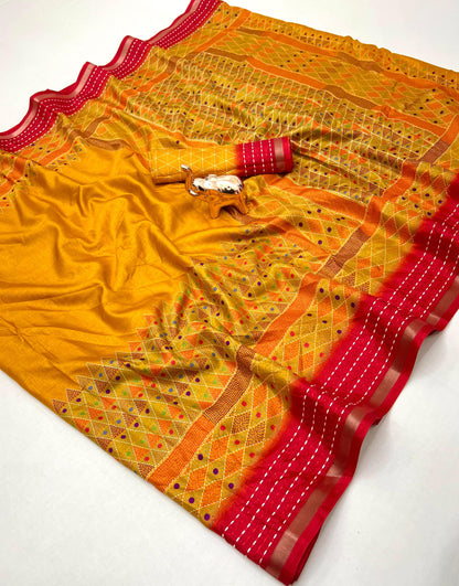Soft Cotton Crape Printed Saree with Elegant Katha Thread Work border – 6.3 Meters