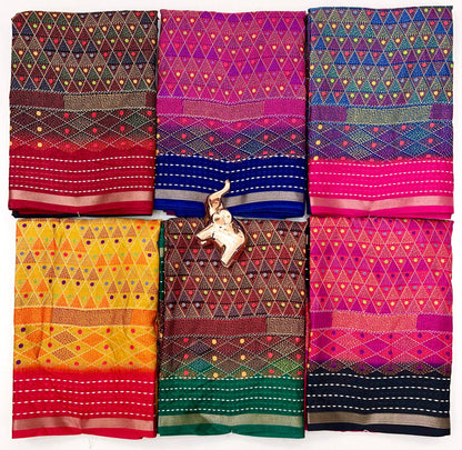 Soft Cotton Crape Printed Saree with Elegant Katha Thread Work border – 6.3 Meters