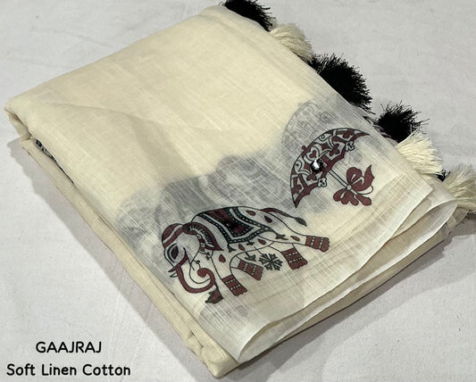 Soft Linen Cotton Saree with Aari Mirror Work | Tassel Pallu | Running Blouse