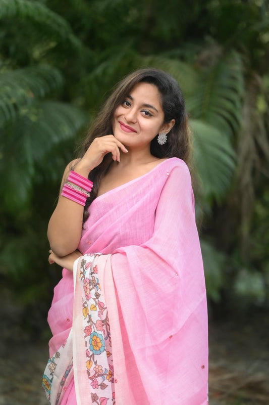 Soft Linen Cotton Kalamkari Saree with Aari Mirror Work | Tassel Pallu | Running Blouse