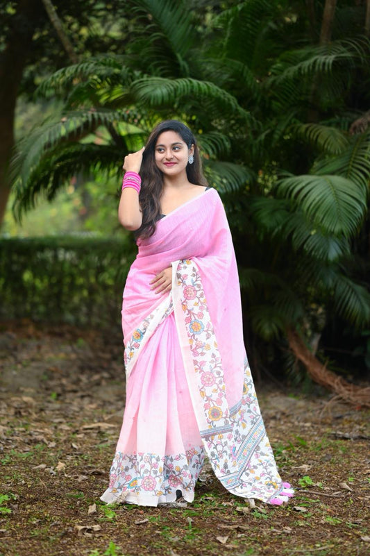 Soft Linen Cotton Kalamkari Saree with Aari Mirror Work | Tassel Pallu | Running Blouse
