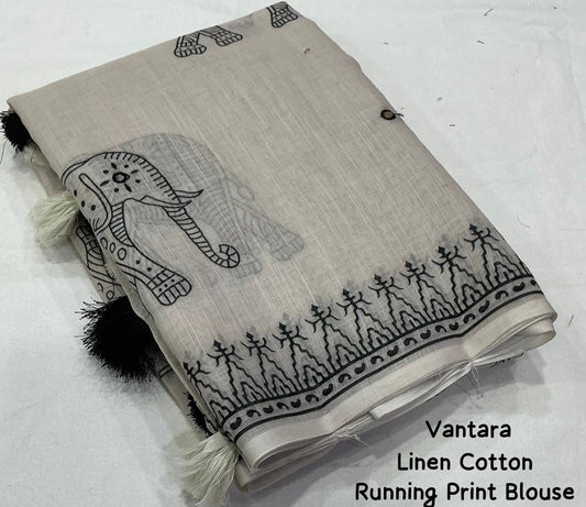 Soft Linen Cotton Elephant Print Saree with Aari Mirror Work | Tassel Pallu | Running Blouse