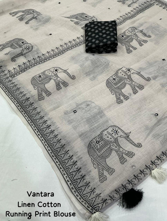 Soft Linen Cotton Elephant Print Saree with Aari Mirror Work | Tassel Pallu | Running Blouse