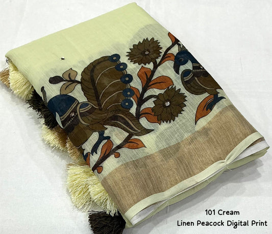 Soft Linen Cotton Peacock Print Saree with Aari Mirror Work | Tassel Pallu | Running Blouse