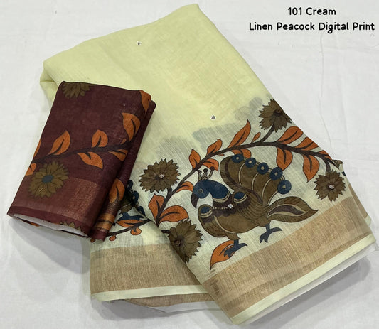 Soft Linen Cotton Peacock Print Saree with Aari Mirror Work | Tassel Pallu | Running Blouse