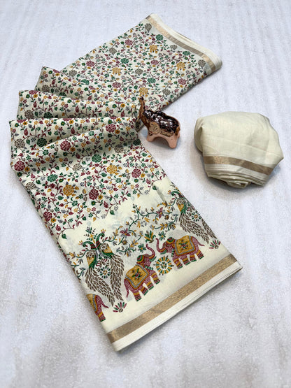 Pure Soft Tussar Silk Kashmiri Printed Saree with Rich Pallu & Golden Border | Elegant Traditional Wear