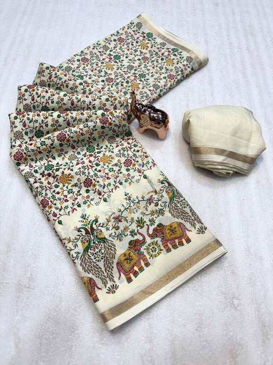 Pure Soft Tussar Silk Kashmiri Printed Saree with Rich Pallu & Golden Border | Elegant Traditional Wear