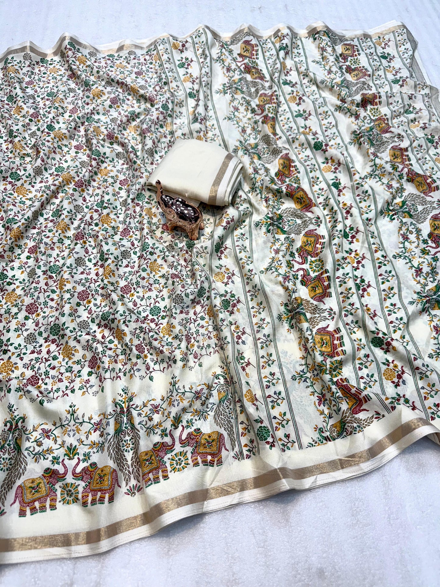 Pure Soft Tussar Silk Kashmiri Printed Saree with Rich Pallu & Golden Border | Elegant Traditional Wear