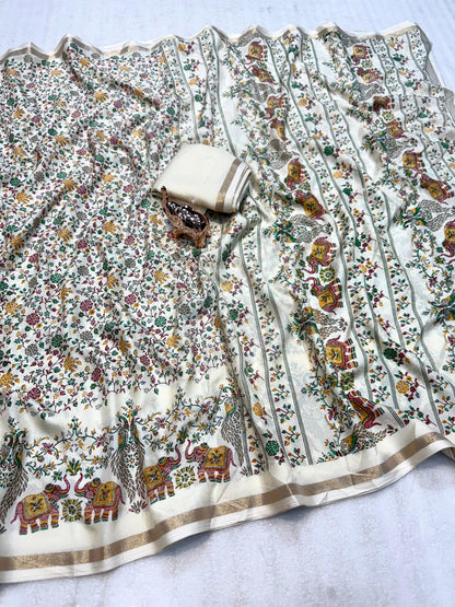 Pure Soft Tussar Silk Kashmiri Printed Saree with Rich Pallu & Golden Border | Elegant Traditional Wear