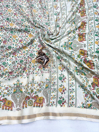 Pure Soft Tussar Silk Kashmiri Printed Saree with Rich Pallu & Golden Border | Elegant Traditional Wear