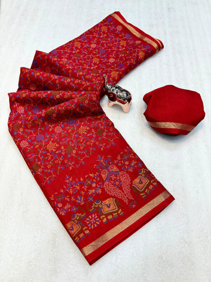 Pure Soft Tussar Silk Kashmiri Printed Saree with Rich Pallu & Golden Border | Elegant Traditional Wear
