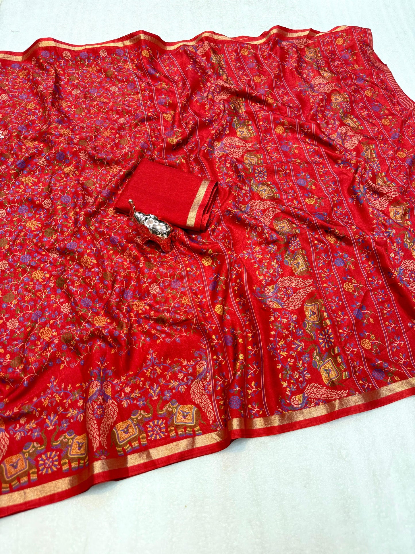 Pure Soft Tussar Silk Kashmiri Printed Saree with Rich Pallu & Golden Border | Elegant Traditional Wear