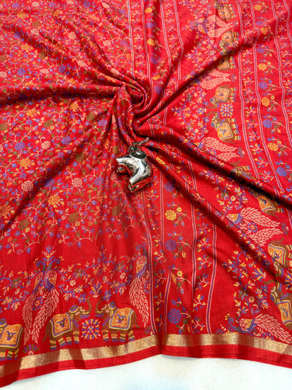 Pure Soft Tussar Silk Kashmiri Printed Saree with Rich Pallu & Golden Border | Elegant Traditional Wear
