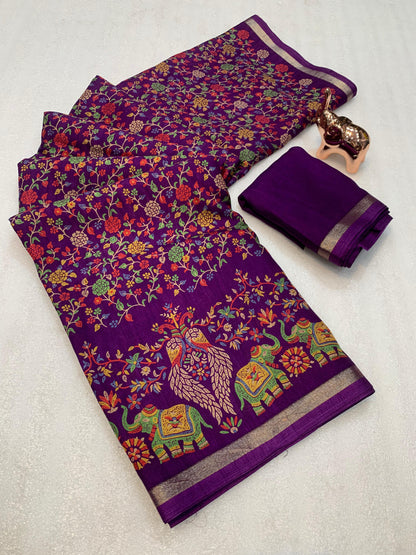 Pure Soft Tussar Silk Kashmiri Printed Saree with Rich Pallu & Golden Border | Elegant Traditional Wear