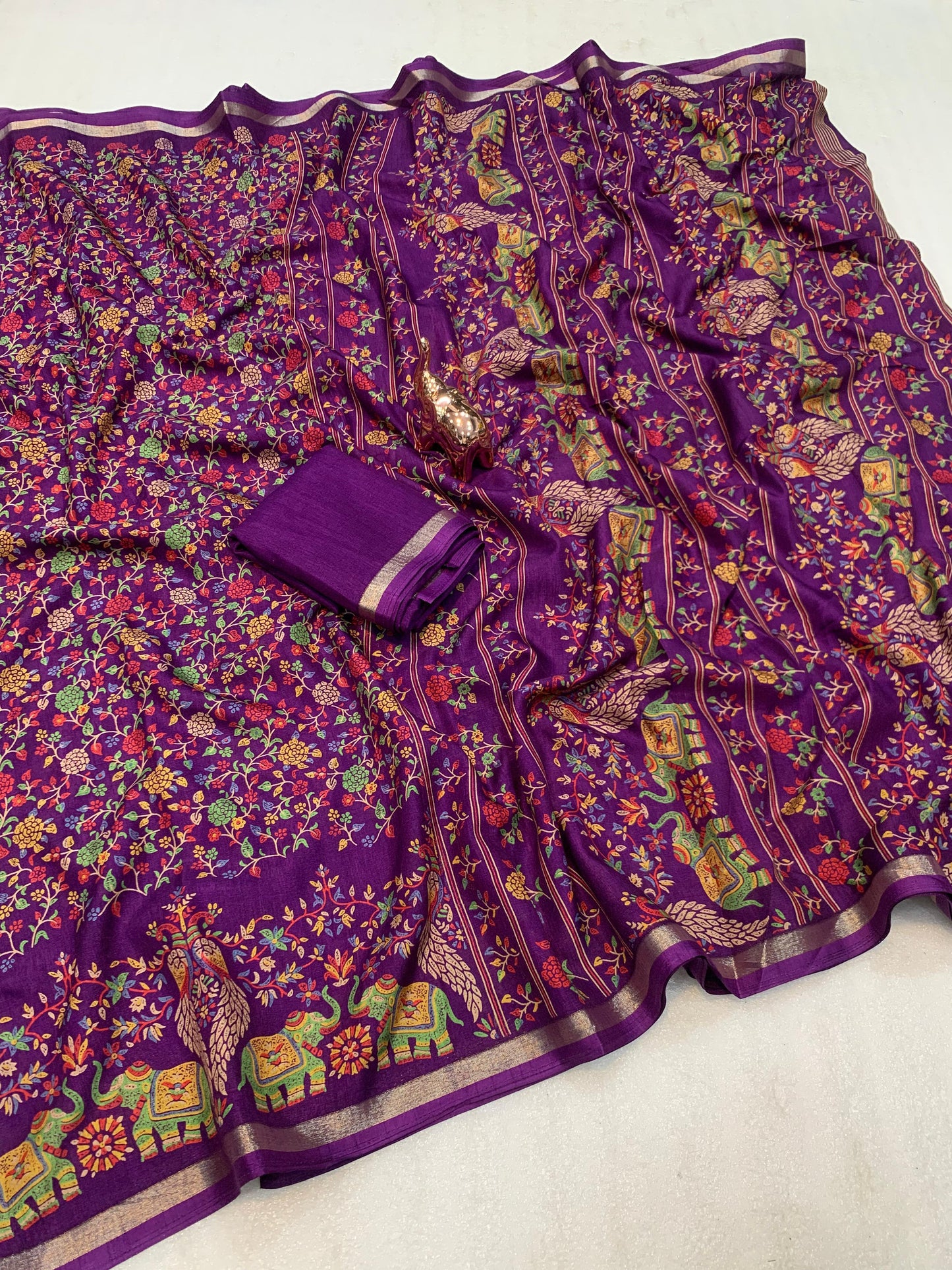 Pure Soft Tussar Silk Kashmiri Printed Saree with Rich Pallu & Golden Border | Elegant Traditional Wear