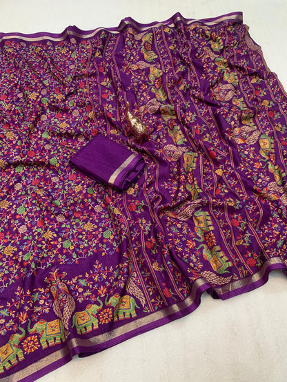 Pure Soft Tussar Silk Kashmiri Printed Saree with Rich Pallu & Golden Border | Elegant Traditional Wear