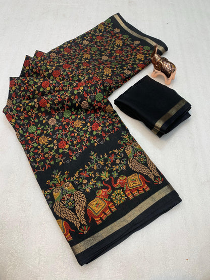Pure Soft Tussar Silk Kashmiri Printed Saree with Rich Pallu & Golden Border | Elegant Traditional Wear