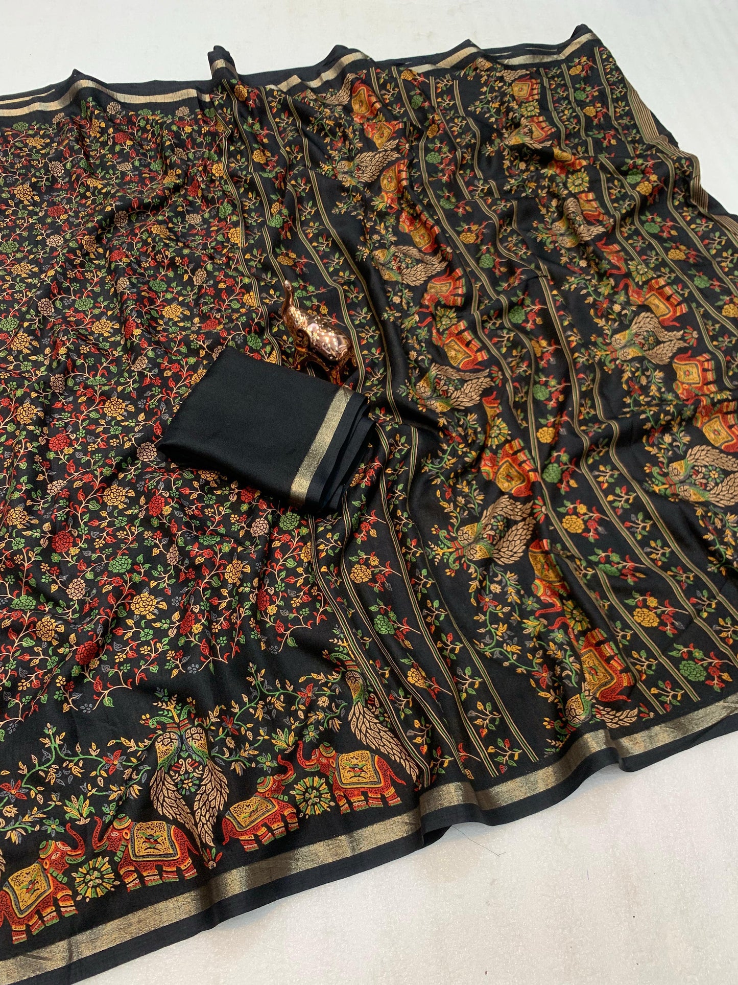 Pure Soft Tussar Silk Kashmiri Printed Saree with Rich Pallu & Golden Border | Elegant Traditional Wear