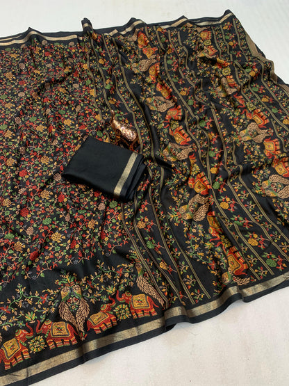 Pure Soft Tussar Silk Kashmiri Printed Saree with Rich Pallu & Golden Border | Elegant Traditional Wear