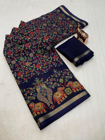 Pure Soft Tussar Silk Kashmiri Printed Saree with Rich Pallu & Golden Border | Elegant Traditional Wear