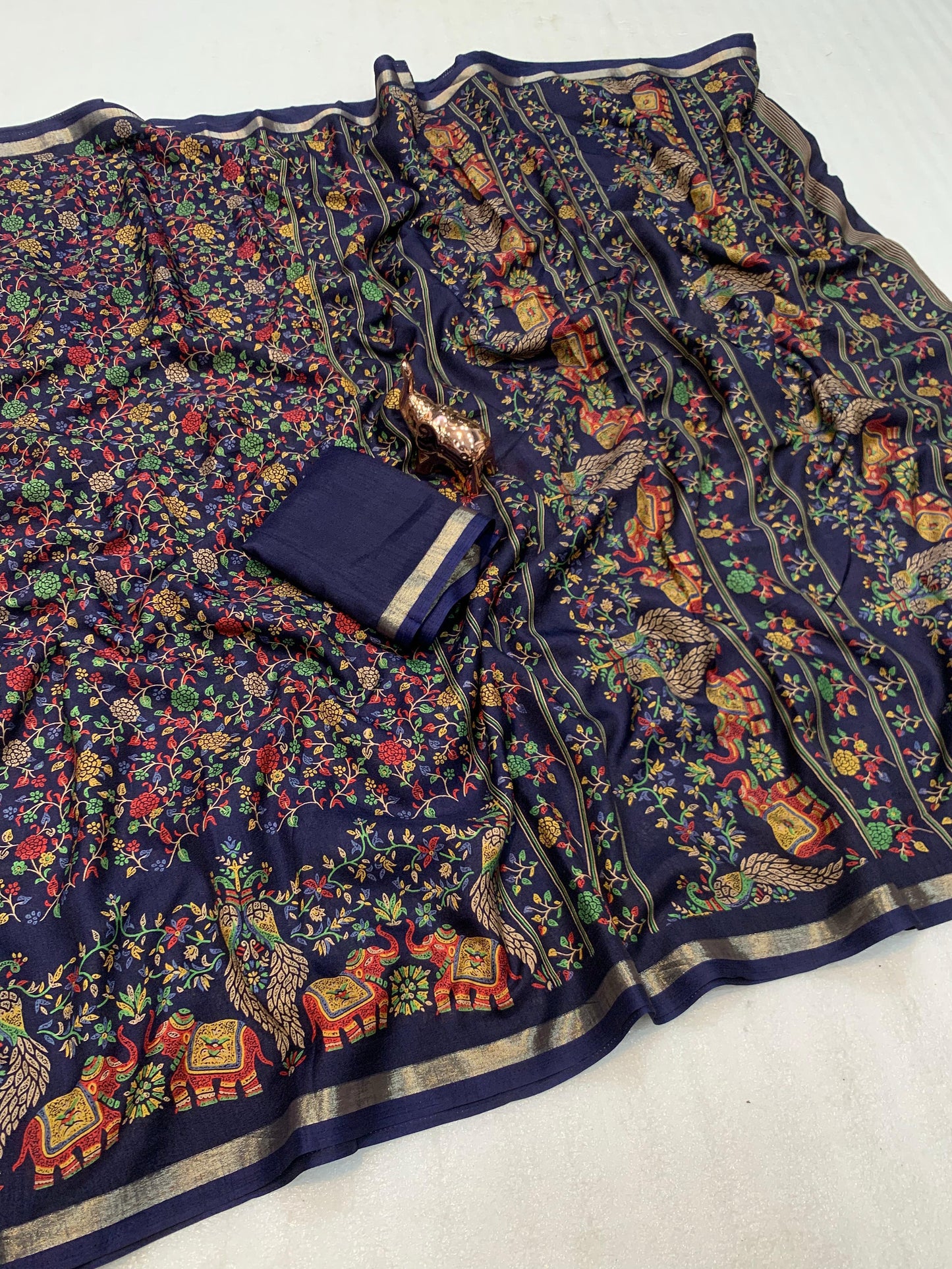 Pure Soft Tussar Silk Kashmiri Printed Saree with Rich Pallu & Golden Border | Elegant Traditional Wear