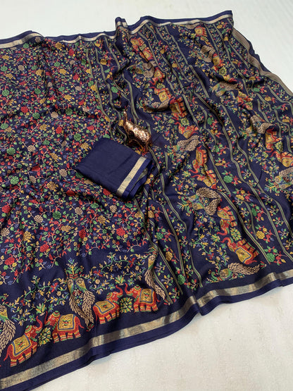 Pure Soft Tussar Silk Kashmiri Printed Saree with Rich Pallu & Golden Border | Elegant Traditional Wear
