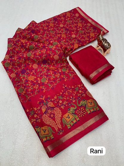 Pure Soft Tussar Silk Kashmiri Printed Saree with Rich Pallu & Golden Border | Elegant Traditional Wear