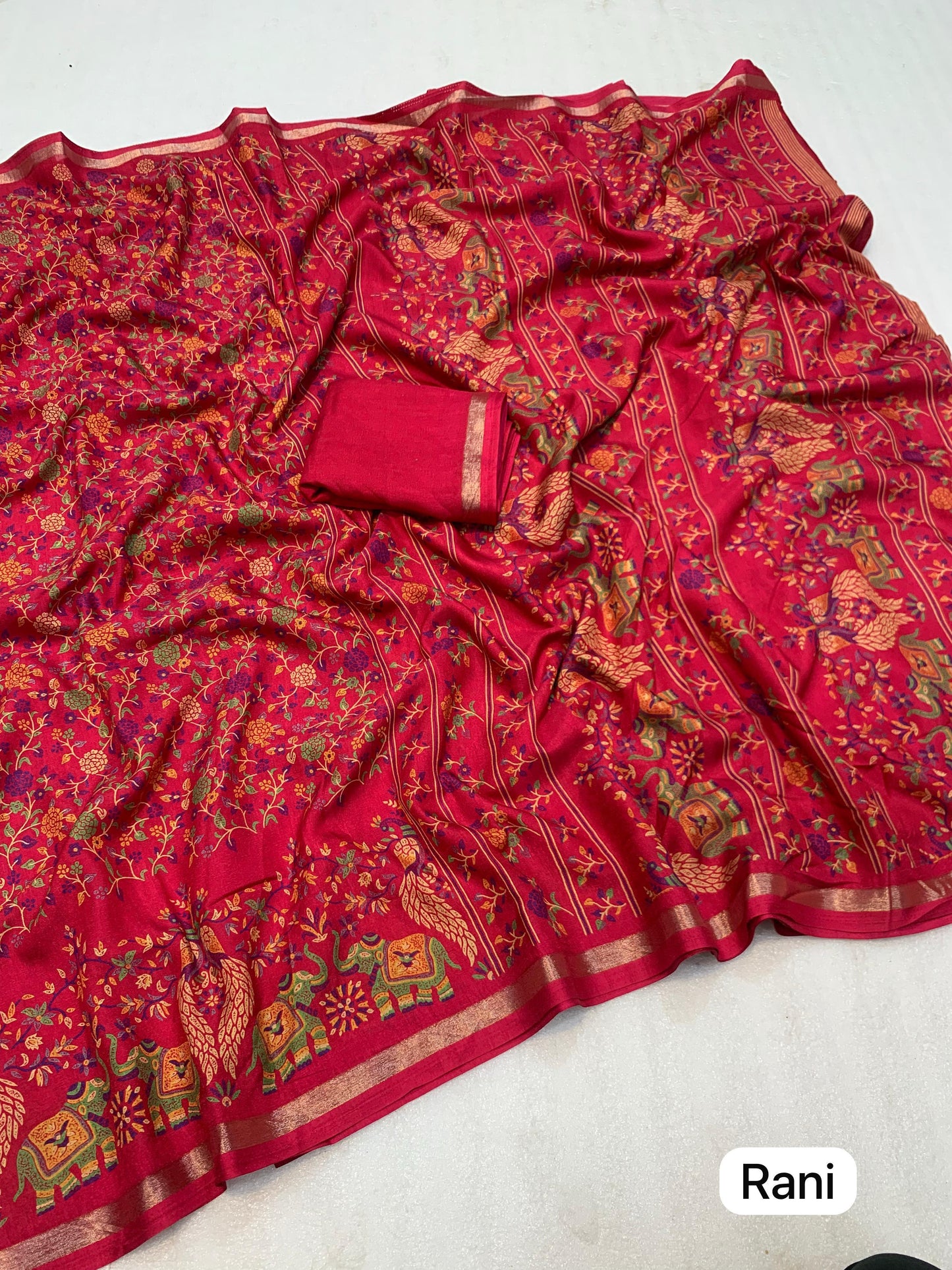 Pure Soft Tussar Silk Kashmiri Printed Saree with Rich Pallu & Golden Border | Elegant Traditional Wear